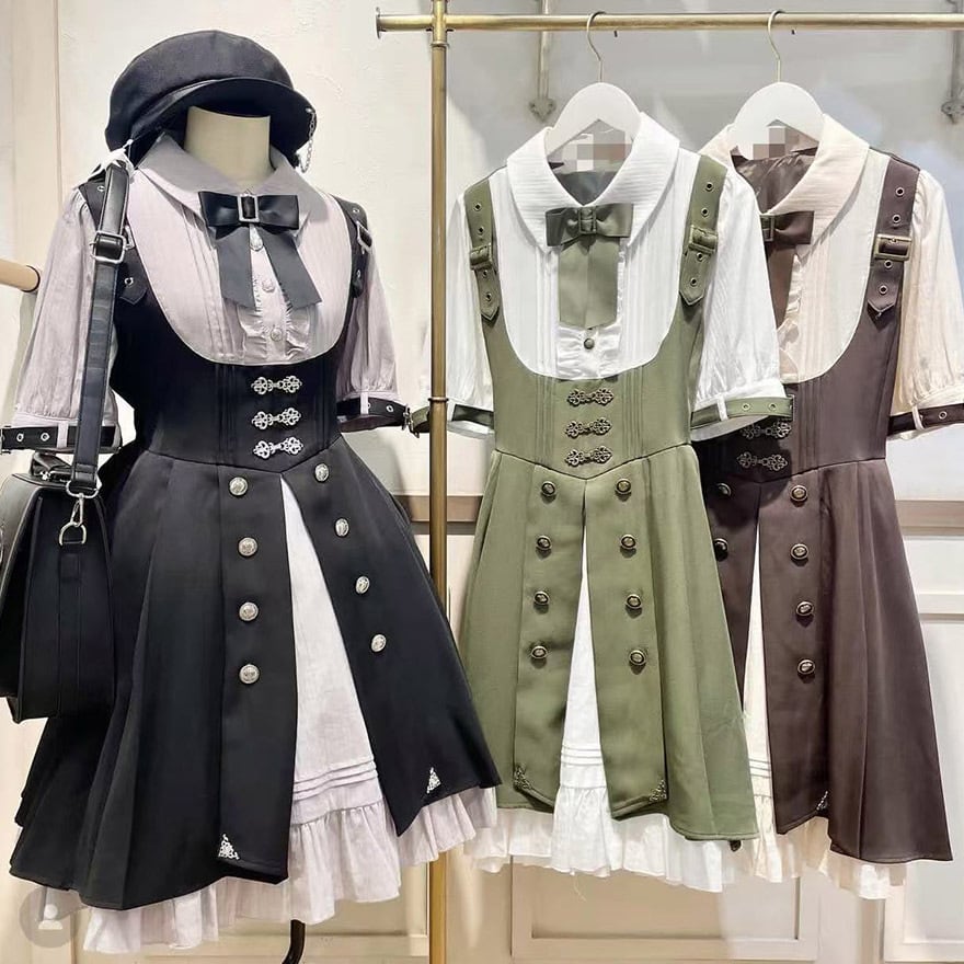 セミロリ フェイクツーピース ワンピース 半袖 ジャンパースカート風 プリーツ レイヤード