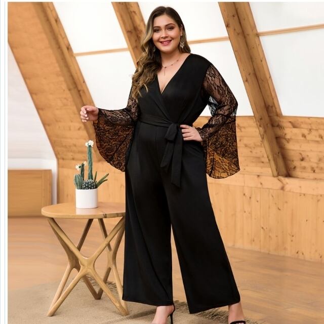 オールインワン レディース ジャンプスーツ つなぎ 袖あり vネック