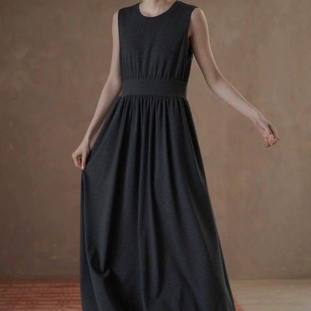 ハイウエストギャザー切り替えノースリーブカットソーワンピース　　1262