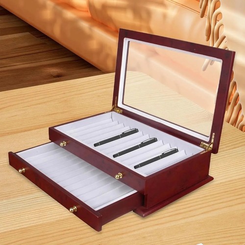ペン収納ボックス　コレクションボックス　ペンディスプレイ　ディスプレイボックス　大容量　木製　蓋付き　ガラス　赤　金　レッド　ゴールド　ペンボックス　かっこいい　ヴィンテージ　シック　万年筆 　ギフト　25ビット　2段