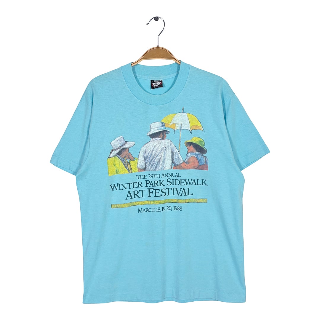 80s アートTシャツ USA製 ヴィンテージ Tシャツ ターコイズブルー シングルステッチ スクリーンスターズ サイズL BZ0663
