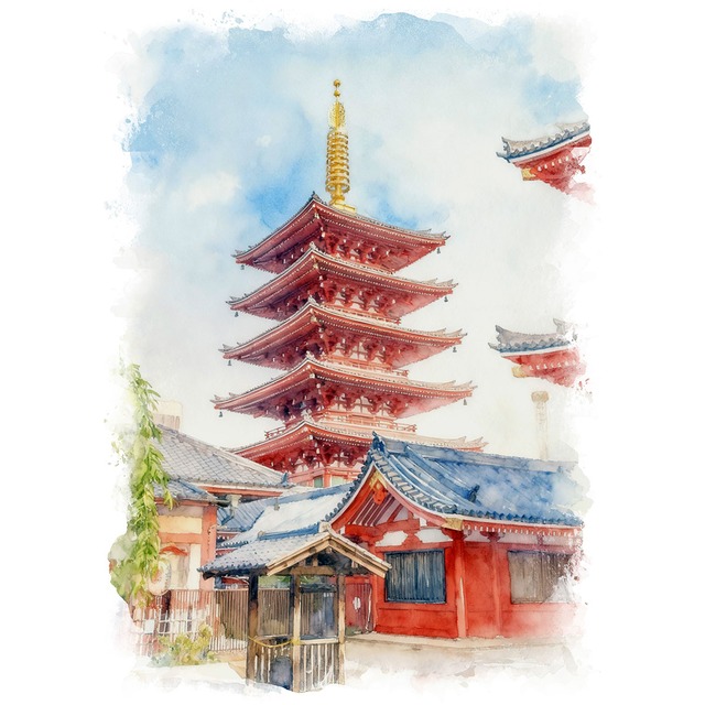 絵画(風景画) 日本 東京都 浅草寺五重塔 インテリアアート額付き 水彩画・油絵調 WAT1203