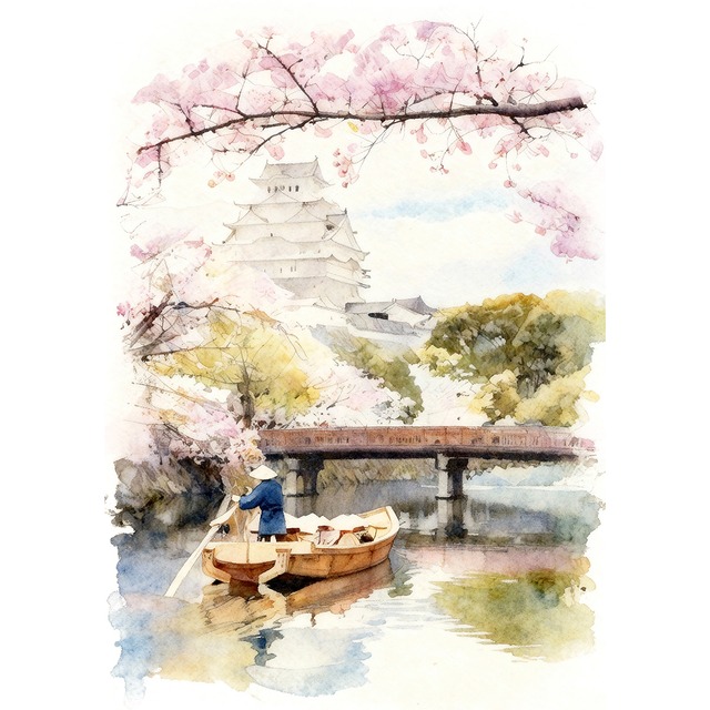 絵画 風景画 日本の城 兵庫県姫路城 インテリアアート額付き 水彩画・油絵風 WAT0080