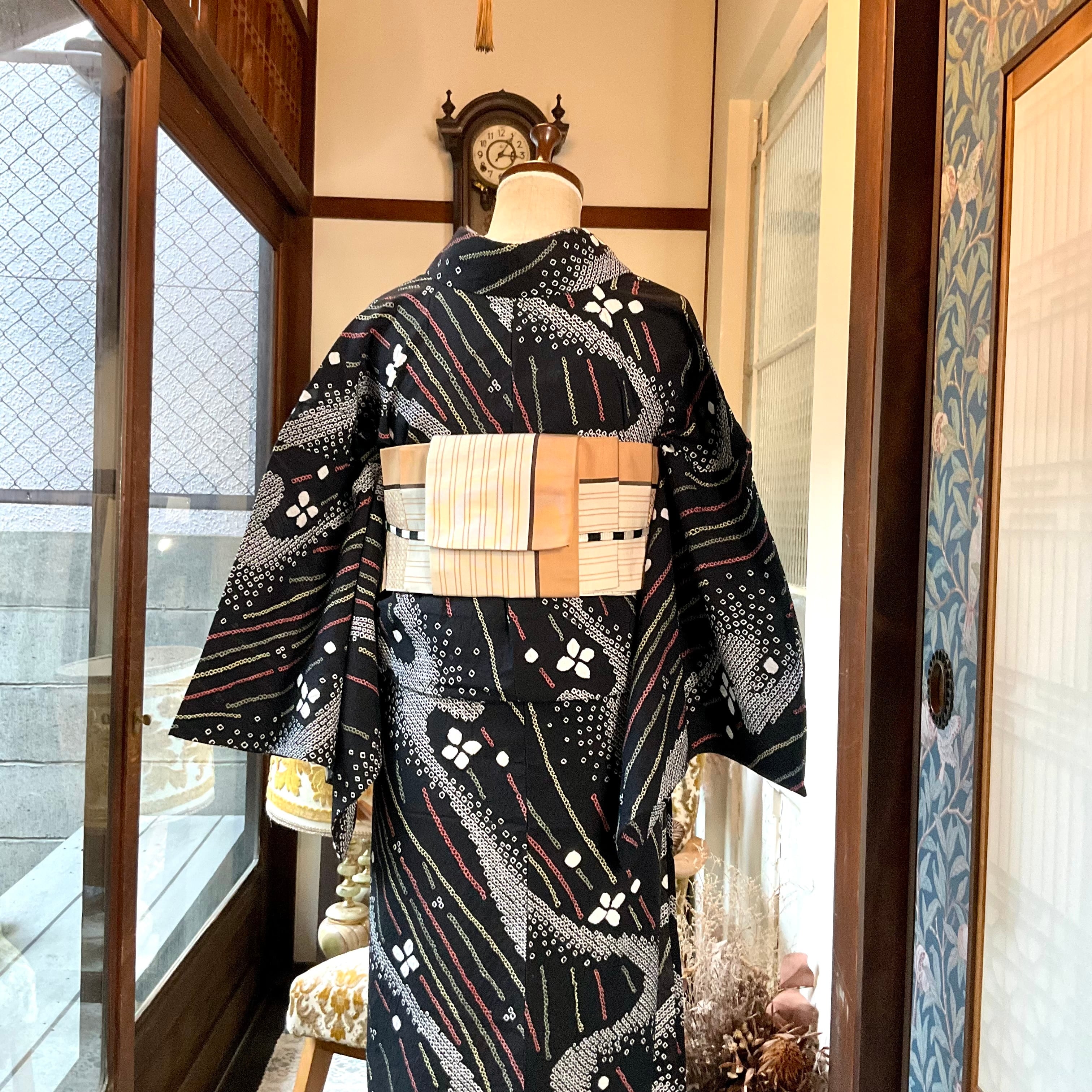 銀河のよろけ路＊モノトーン 黒 ブラック 流水 大人浴衣 有松鳴海絞り
