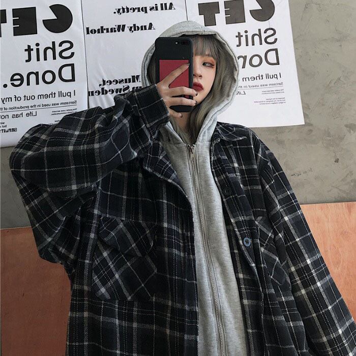 オータムウィンター格子柄ジャケット スタイルスタンダードフードトップス ルーズ レトロ ストリート 大きめサイズ かわいい 秋物 冬物 ケッペル53461868090