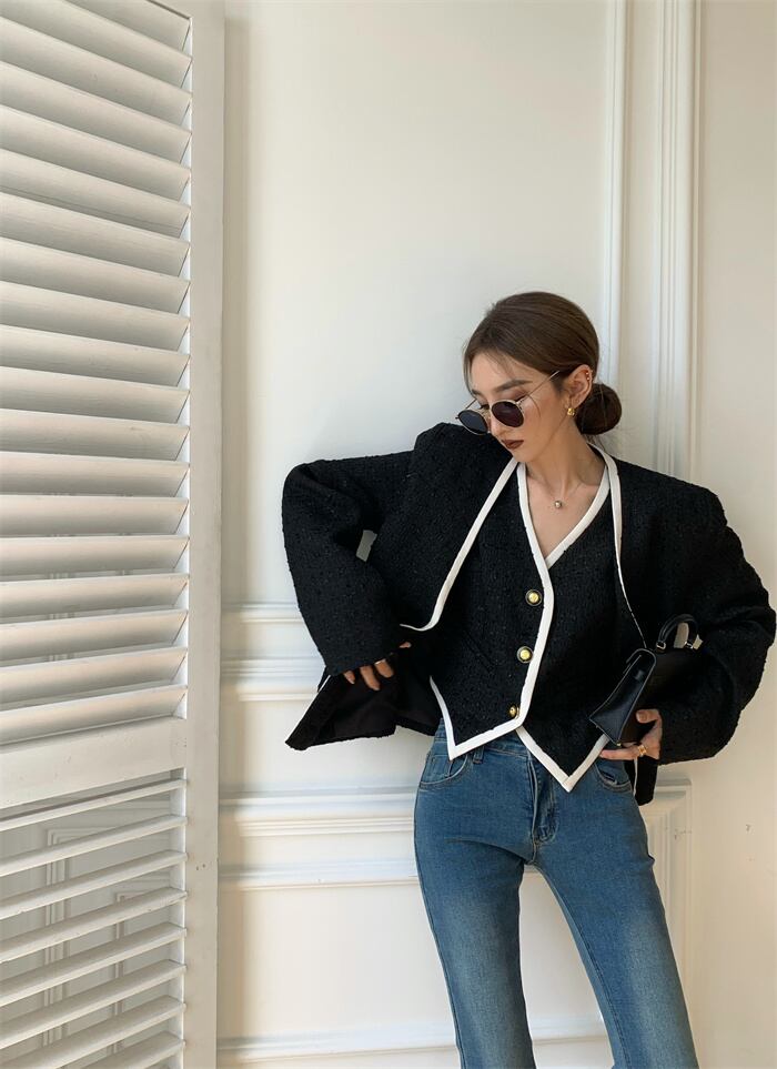 ショート格子柄ジャケット オータムVネックカーディガントップス 秋物 ブラックストロベリース86525606492