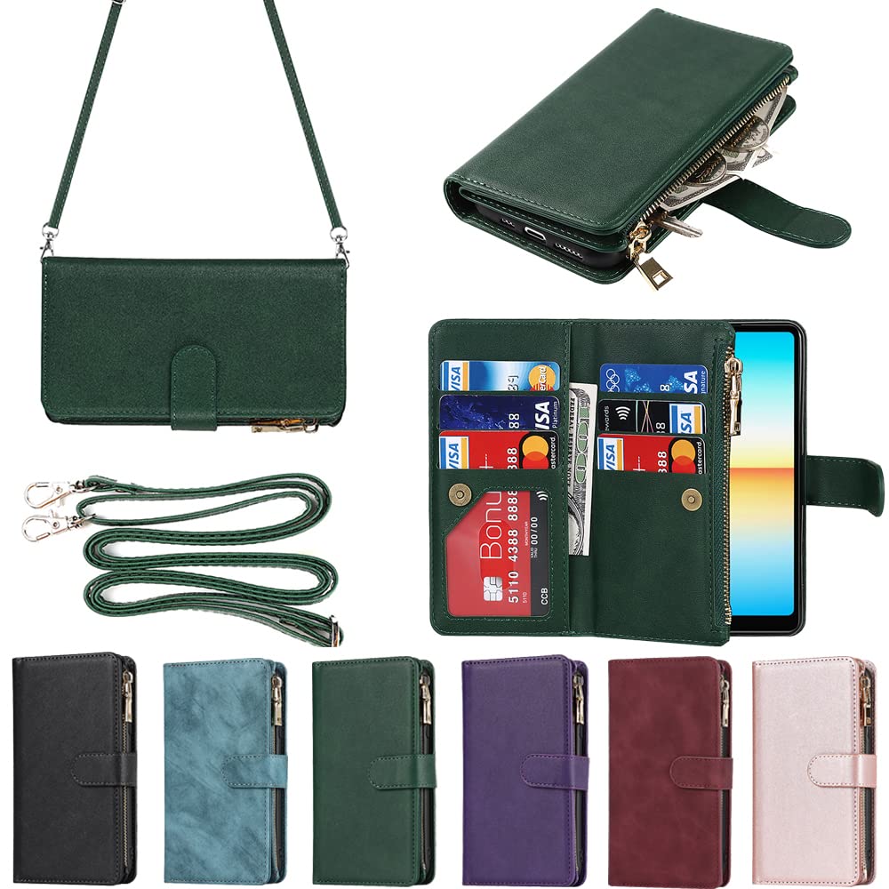 Eastwave for Xperia ACE III SO-53C / SOG08 ケース ソニー for sony xperia aceiii so53c 縄掛けケース 手帳型 財布型 ICカード コインポケット ストラップ付き カード 収納 小銭入れ ファスナーポケット付き PUレザー 6色 グリーン