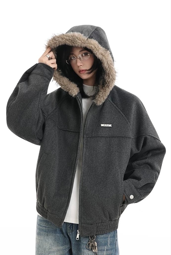 ファーフードウールジャケット / Fake Fur Hood Wool Jacket
