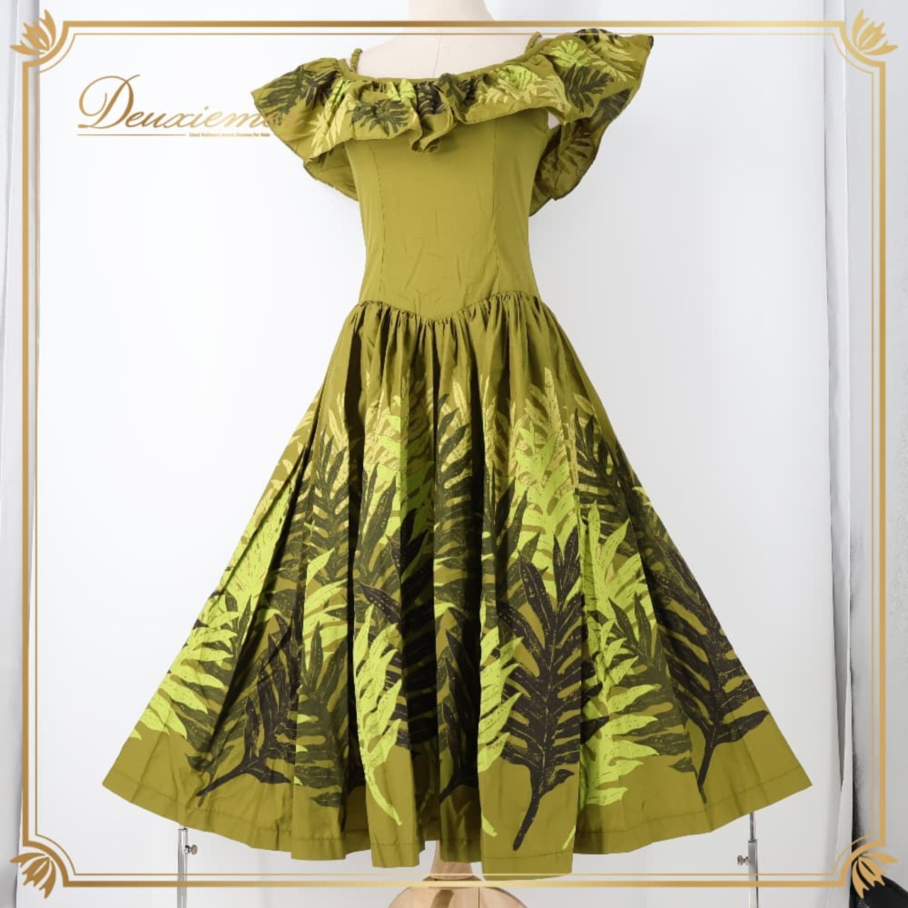 フラダンス 衣装 CC Fashions CCファッション ワンピース ドレス グリーン系 カーキ系 ラウアエ柄 緑 黒 フリル フラ ダンス ダンス衣装 イベント ステージ ハワイアン アロハ かわいい 華やか おしゃれ ブラック系