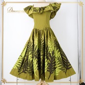 フラダンス 衣装 CC Fashions CCファッション ワンピース ドレス グリーン系 カーキ系 ラウアエ柄 緑 黒 フリル フラ ダンス ダンス衣装 イベント ステージ ハワイアン アロハ かわいい 華やか おしゃれ ブラック系