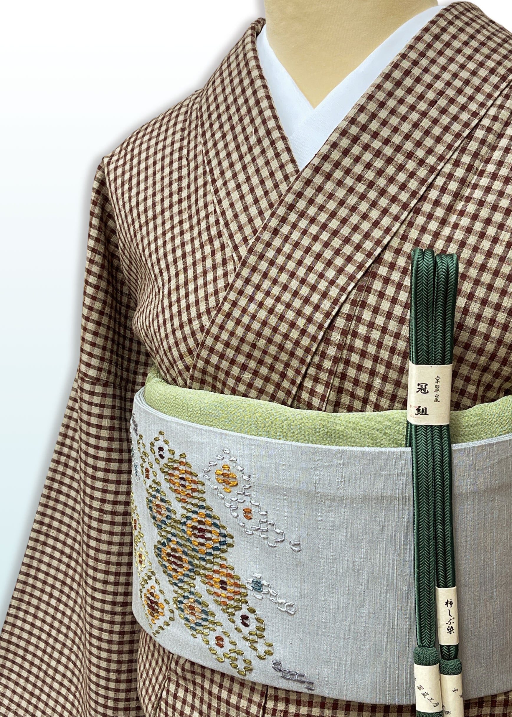 (袷)小豆色×亜麻色地小格子紬 LUKKA−049(リユース品)