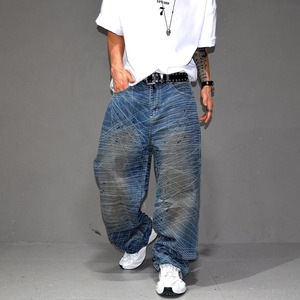 幾何学ラインアート ヴィンテージウォッシュワイドバギージーンズ 11299