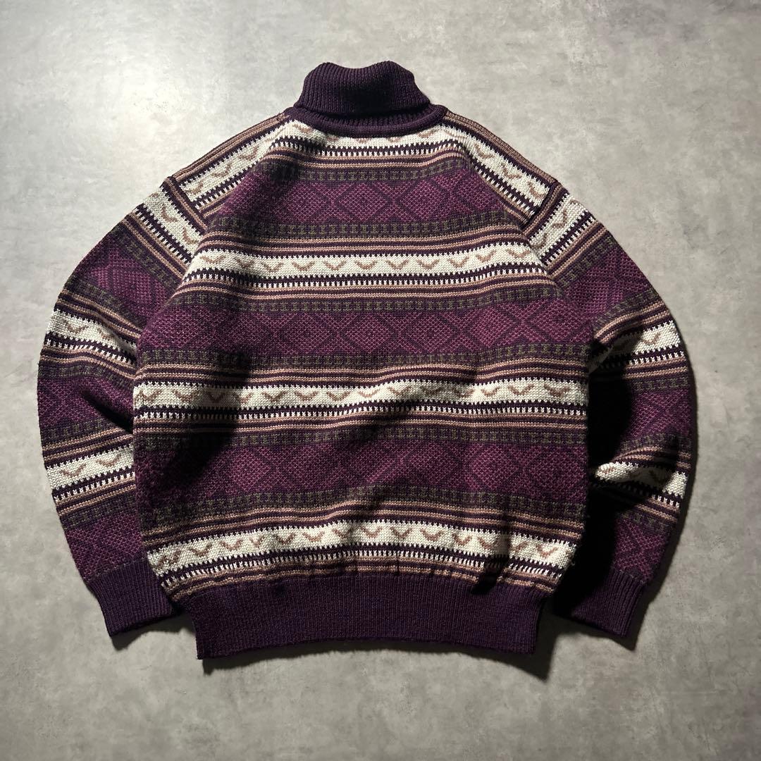 ヴィンテージ パープル モックネック ノルディック バーズアイ ニット セーター