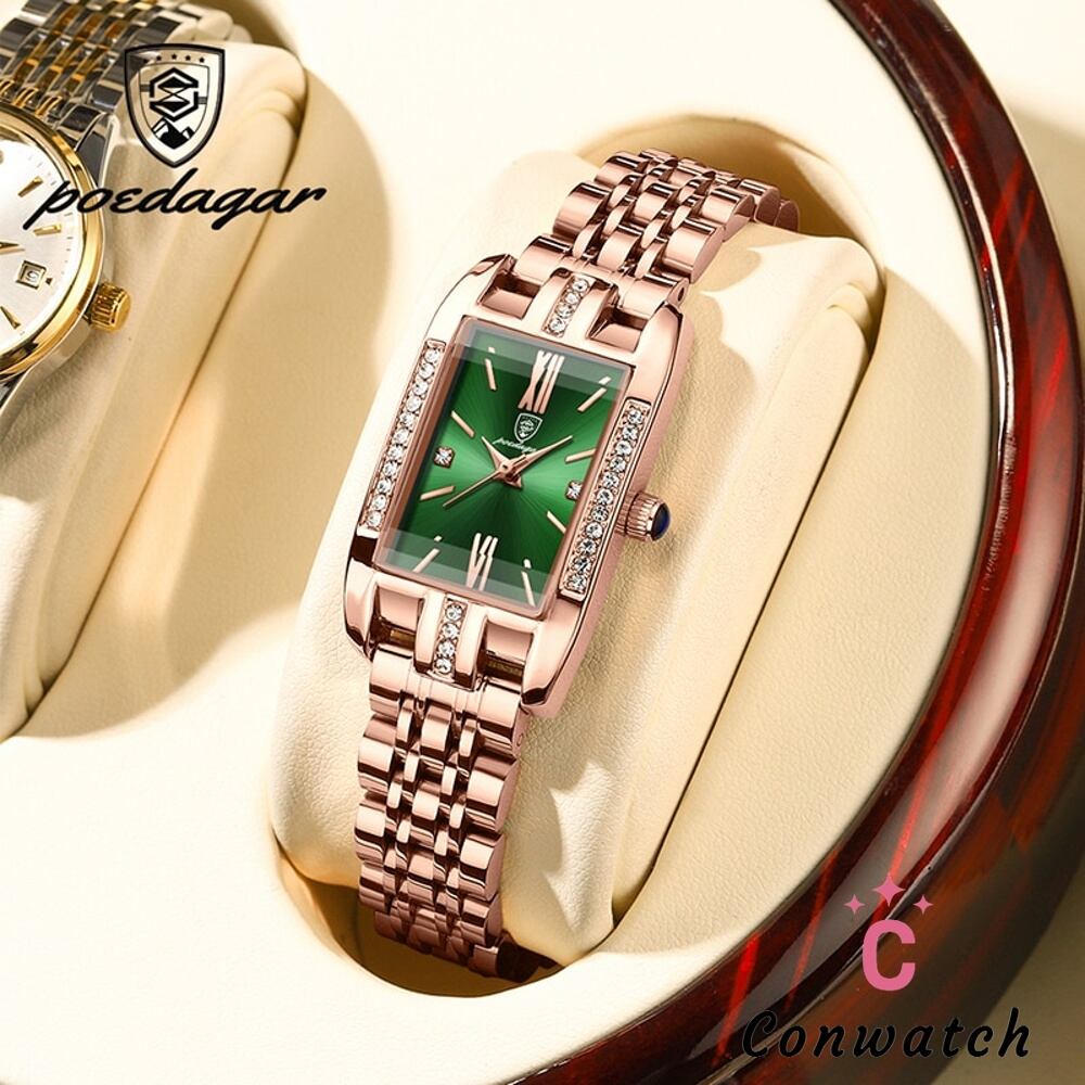 leather green】女性用ステンレス鋼 Podedagar 時計 正方形 防水