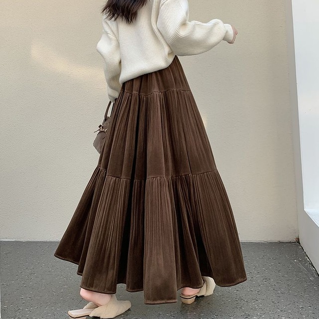 ベルベットプリーツ切り替えフレアスロングカート　L1062