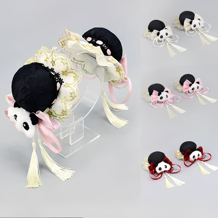 【パンダちゃん】ガーゼのフリルヘッドドレス・ミニネクタイ 中華ロリータ お団子 ヘッドドレス パンダモチーフ タッセル付き