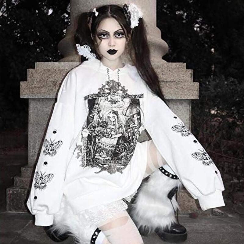 サブカル 服 地雷系 通販 BLOOD パーカー 長袖 絵本 アリス 蝶 蛾 プリント 闇かわいい 大きめ ゴシック系