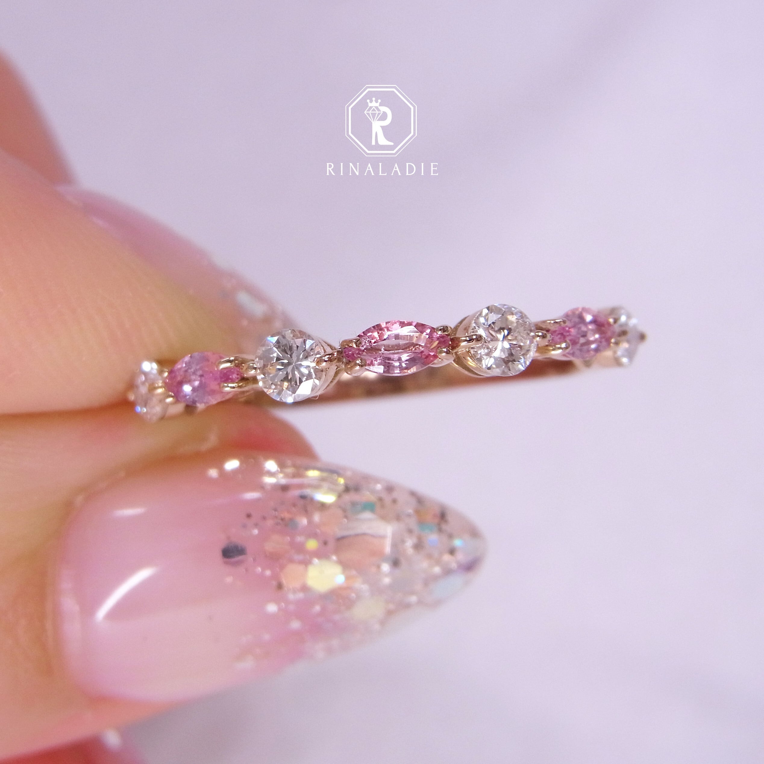 K18PG天然パパラチアサファイア☆マーキスハーフエタニティ