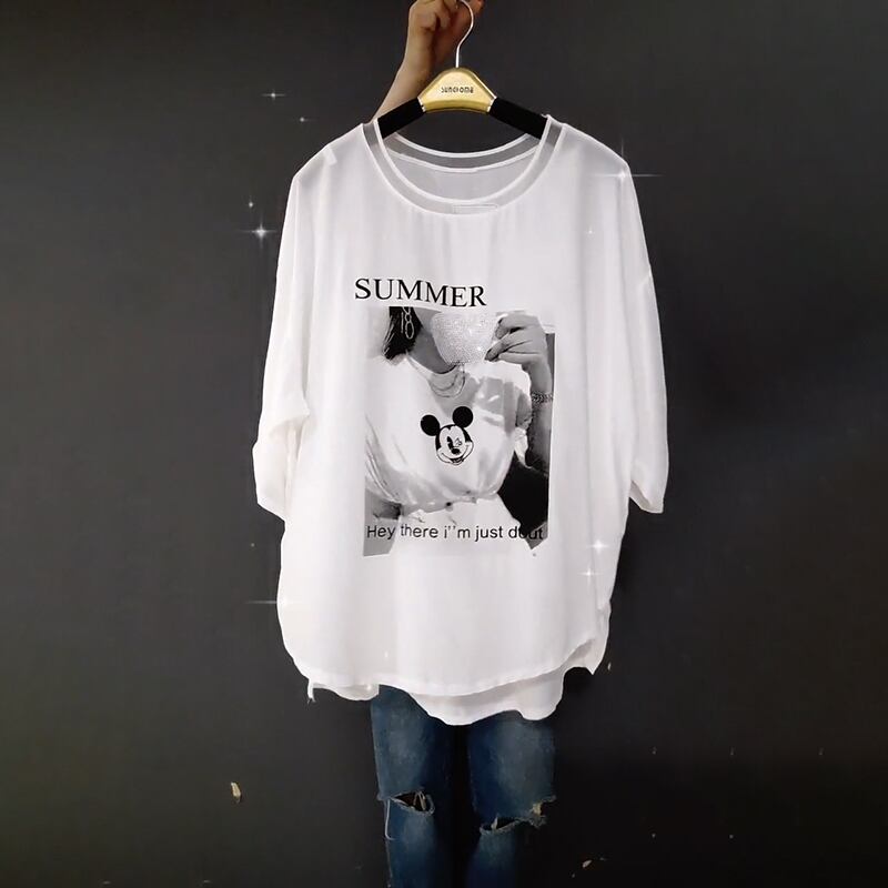 サマー薄手スリーブシャツ ラウンドネックTシャツ 大きめサイズ 夏物 Oネック ミックスインファッション73889137990