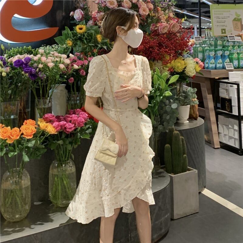 スカート フローラルカラードレス サマースリーブAライン 大人ガーリー スウィート キュート カジュアル 夏物 花柄 スクウェア 萌量不足2493084852