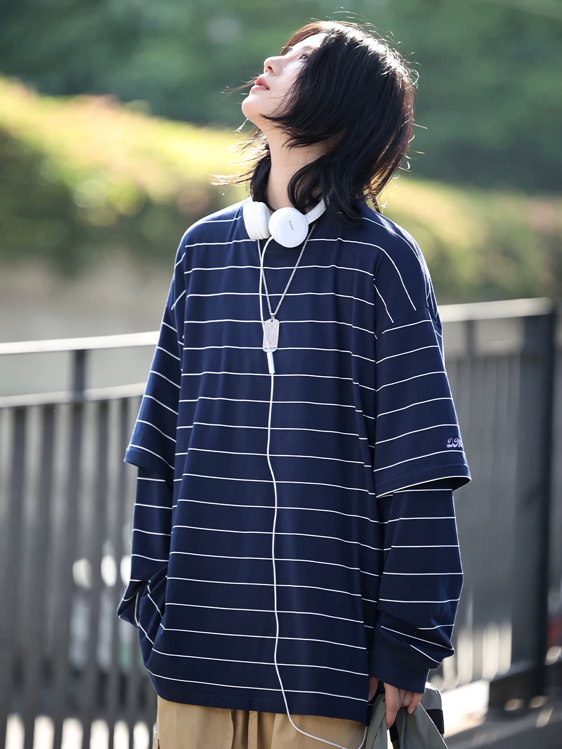 フェイクツーピースストライプロングTシャツ / Fake two-piece Striped Long T-shirt