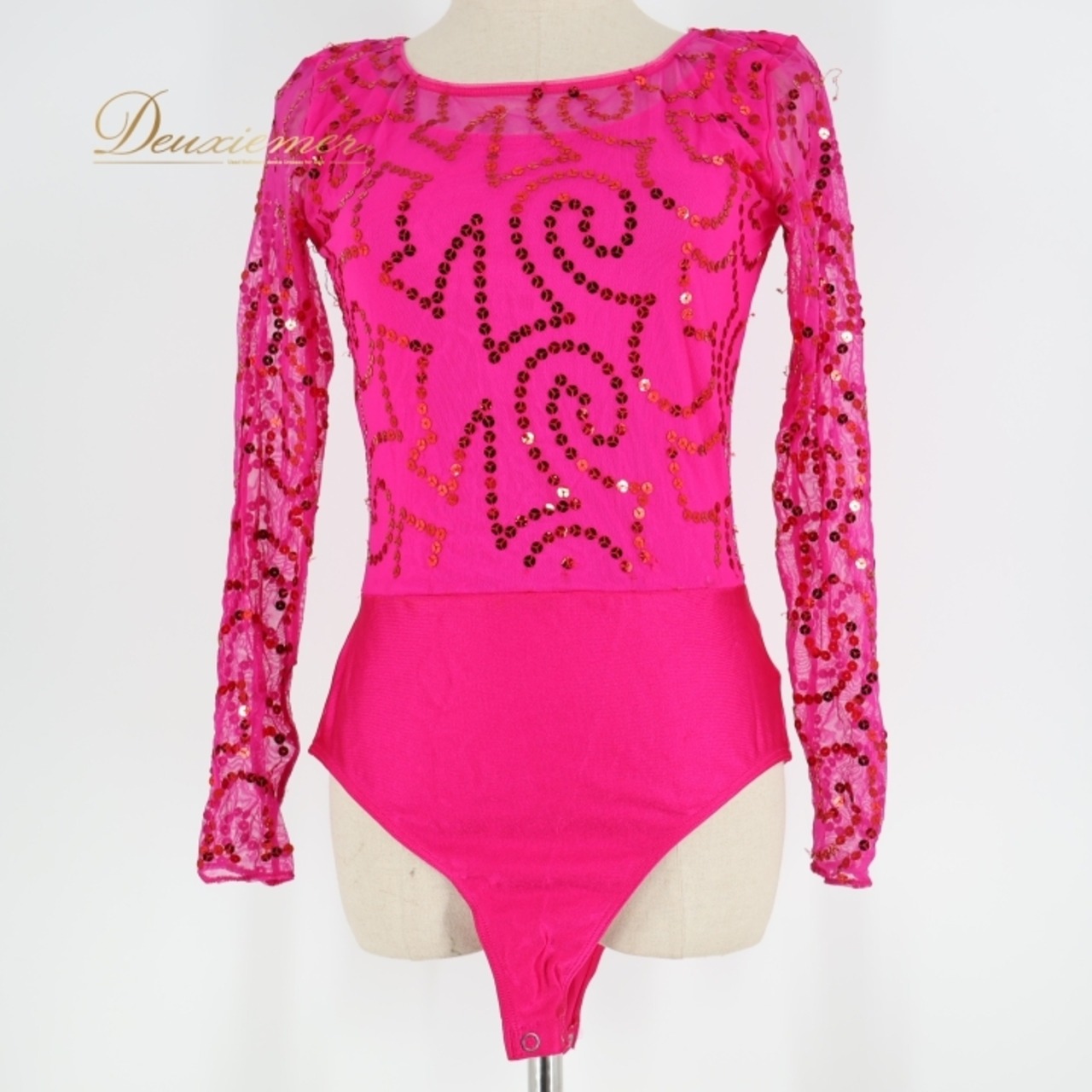 社交ダンス 衣装 レオタード ピンク系 スパンコール トップス メッシュ レッスン 練習 ストレッチ 伸縮 鮮やか 長袖 透け感 バレエ キラキラ かわいい 華やか ダンス衣装