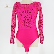 社交ダンス 衣装 レオタード ピンク系 スパンコール トップス メッシュ レッスン 練習 ストレッチ 伸縮 鮮やか 長袖 透け感 バレエ キラキラ かわいい 華やか ダンス衣装