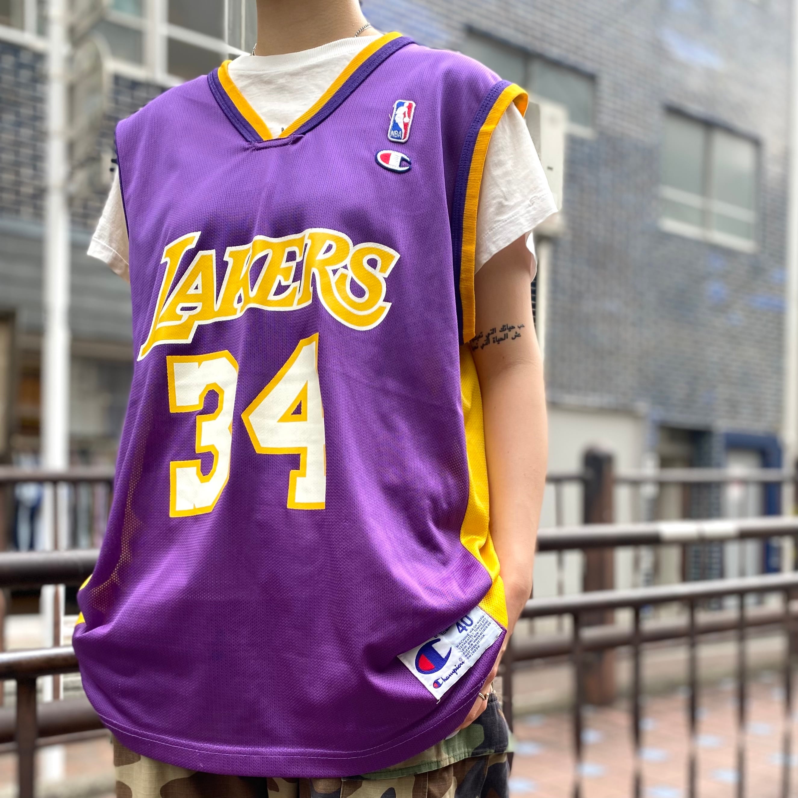 Champion LAKERS タンクトップ ゲームシャツ 古着 レイカーズ-