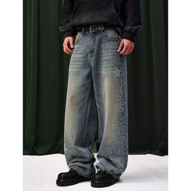 【DRIP6838】YAD CREW Rhinestone Washed Wide-Leg Denim Pants