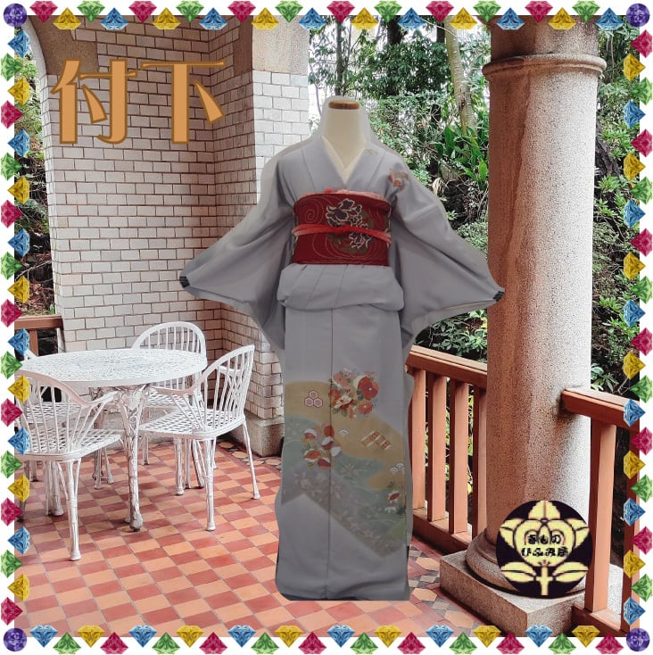 付下】薄い水色に波間と花薬玉模様の着物 | Pay ID