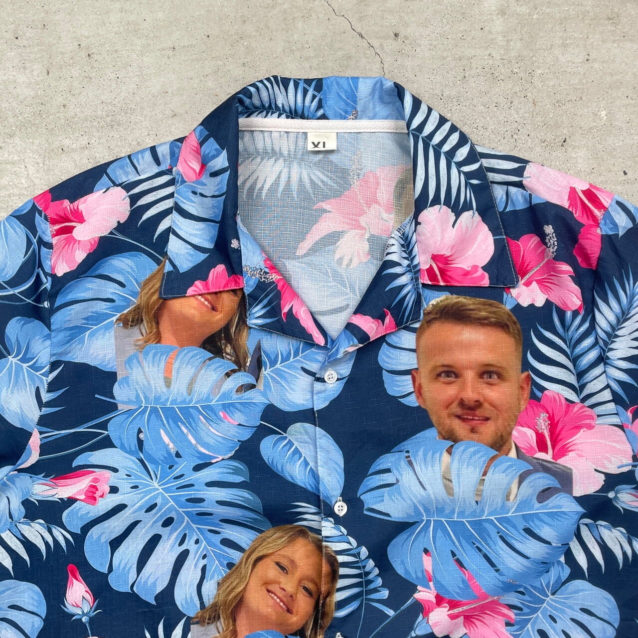 【古着 unknown 柄シャツ　総柄　ネイビー　白　ホワイト　XL】 古着 unknown 柄シャツ総柄ネイビー白ホワイトXL】