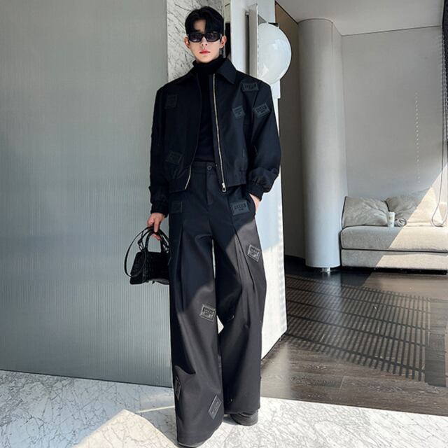 予約販売】メンズ セットアップ 上下 長袖 レザー ラベル タグ