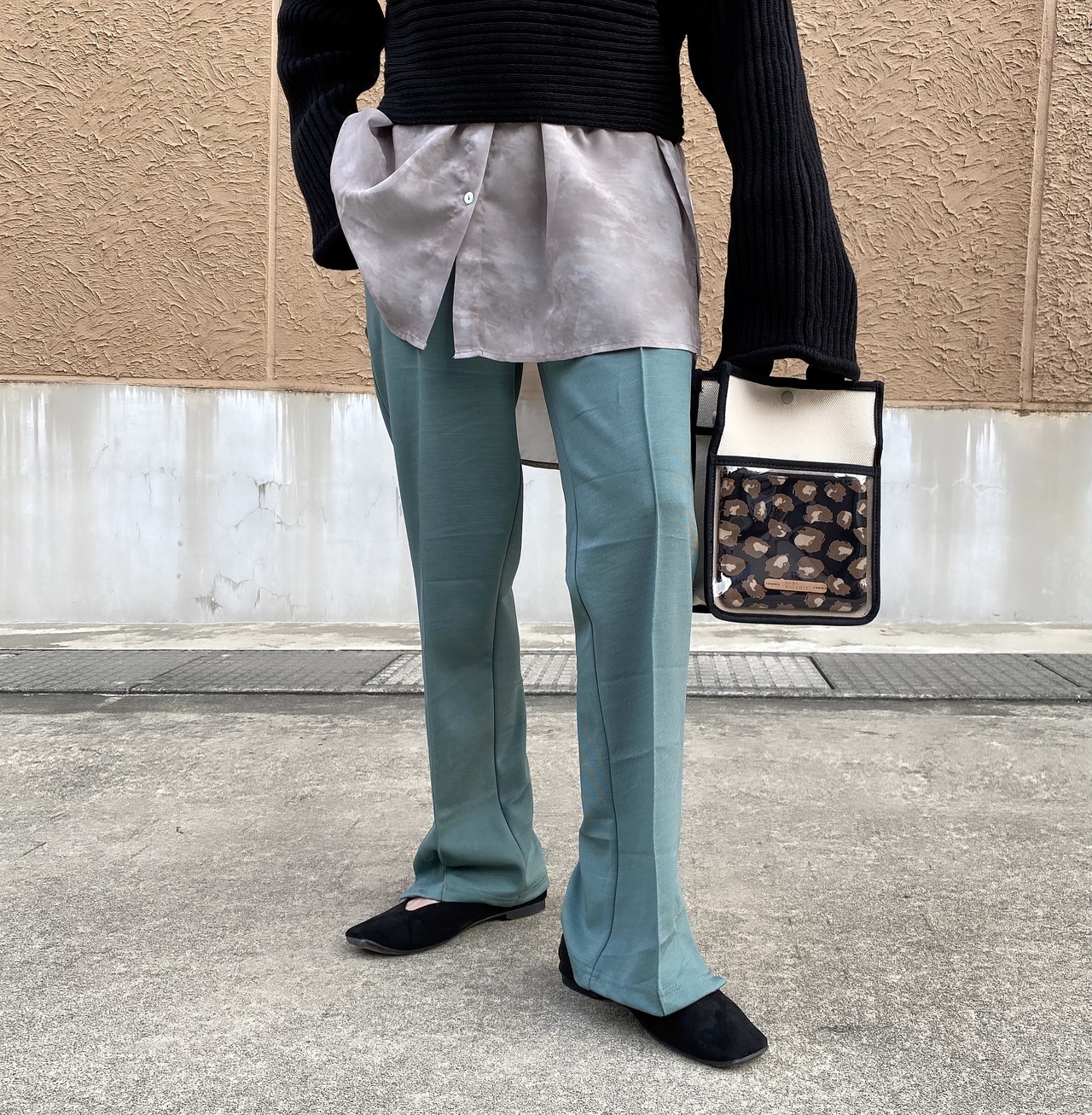 ハイウエストストレッチプレスフレアSL／グリーン