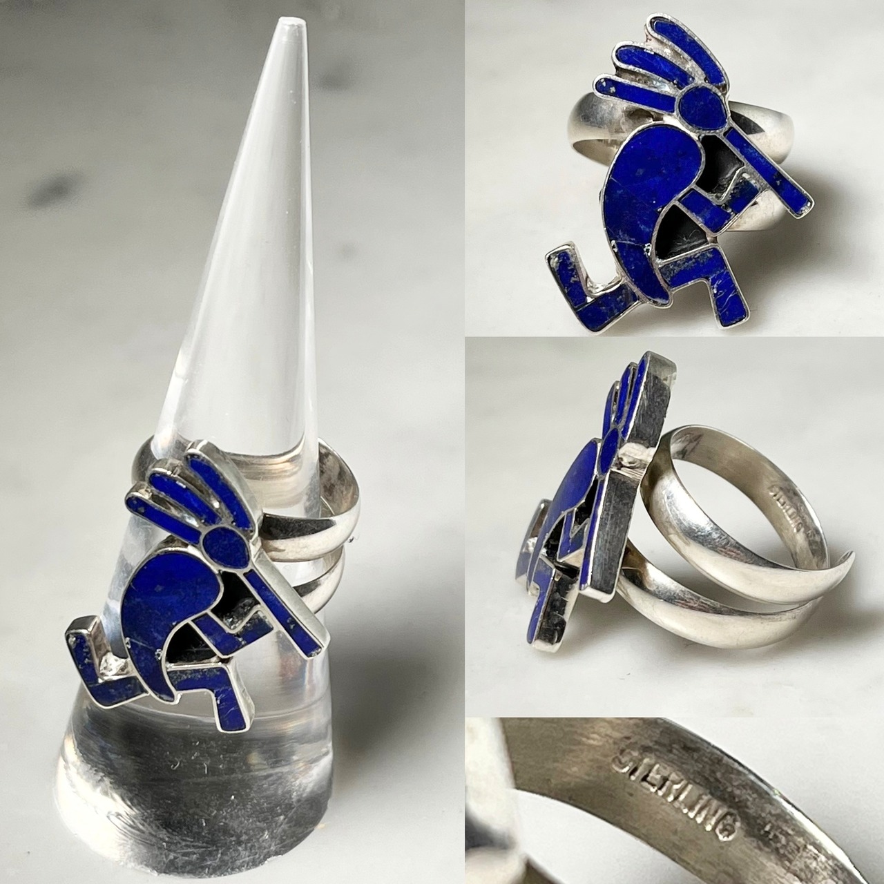 vintage silver ring set with blue stone " kokopeli "