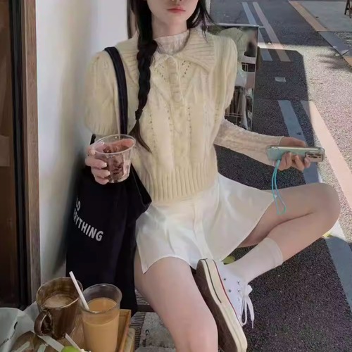 【2点セット】ポロカラーショートニット＋ハイネックレースインナー ・74826