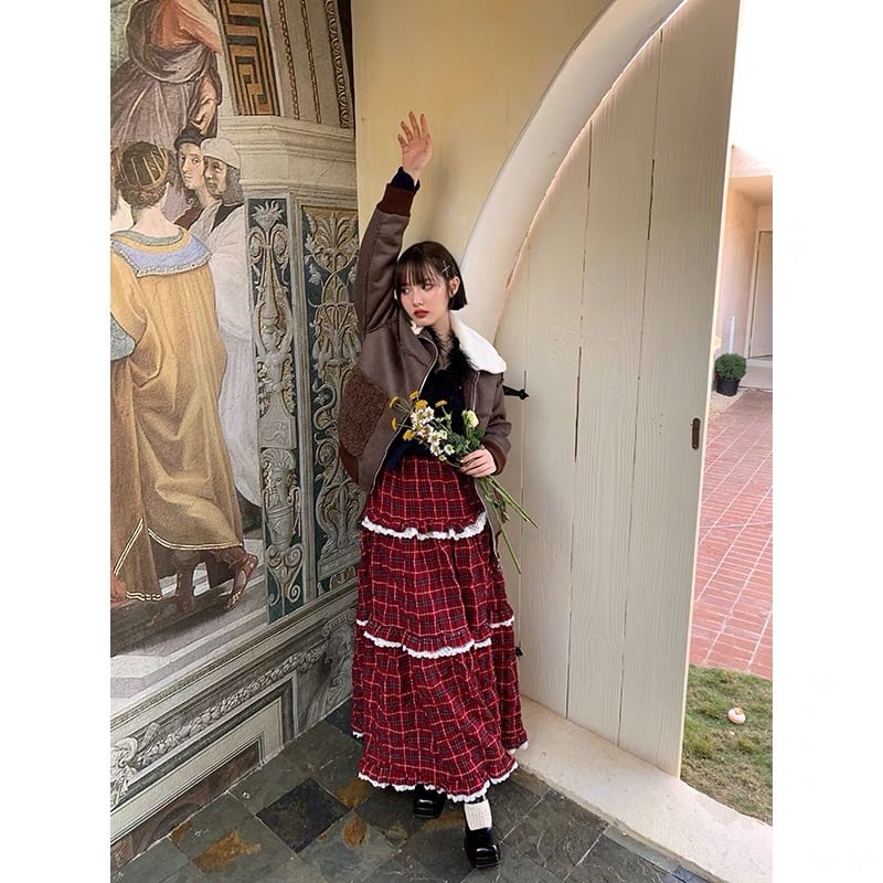 スカート チェック 赤 レッド フレア ボトムス ゆったり マキシ ロング