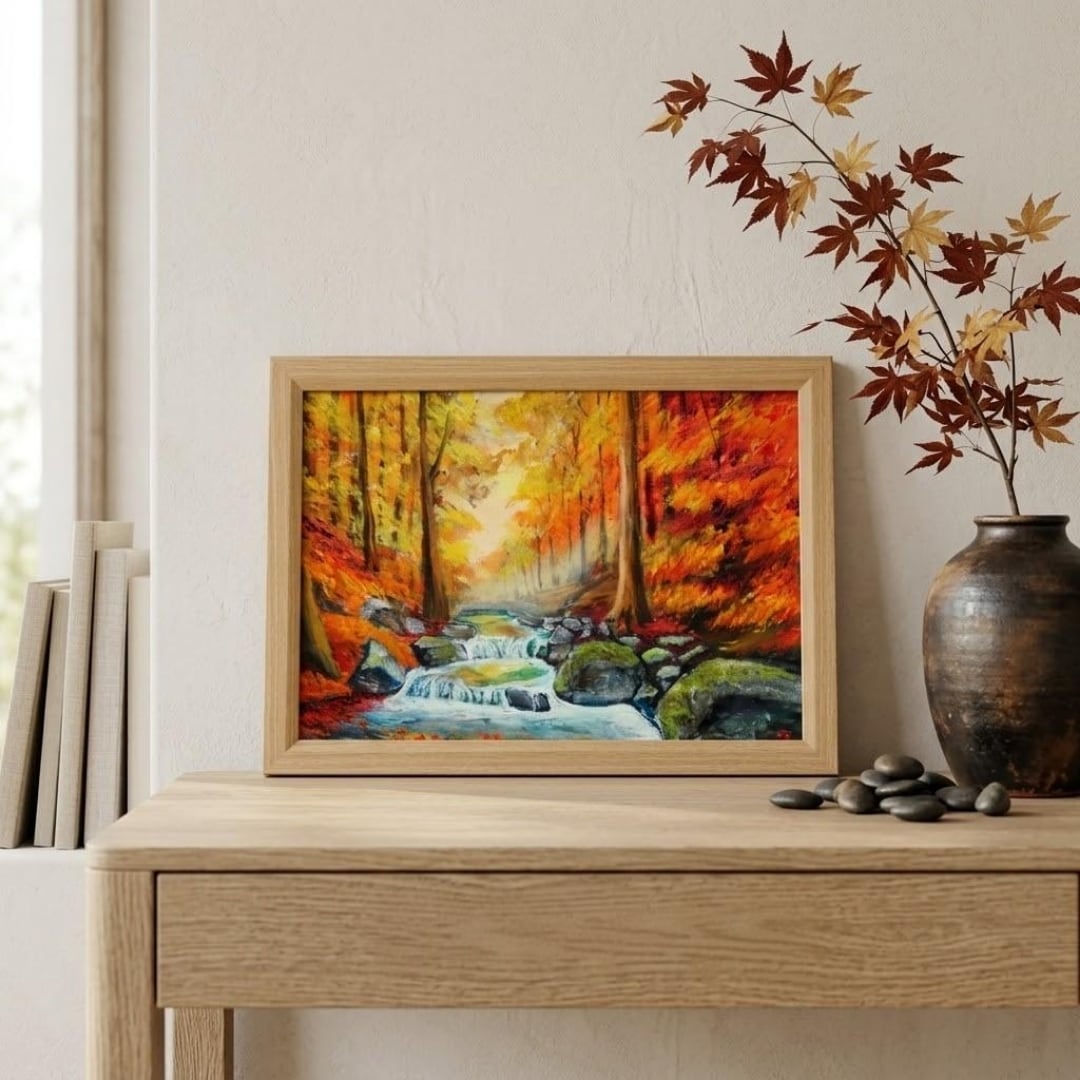 油彩画原画「黄金の渓流 〜豊穣の秋〜」 - 鮮やかな紅葉と光のアート