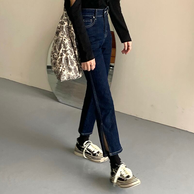 レトロなハイウエストジーンズの女性の2020年初秋バージョンの新しいスリムで薄いストレートサイドスリット学生9ポイントパンツ クレセントシティ81655932165