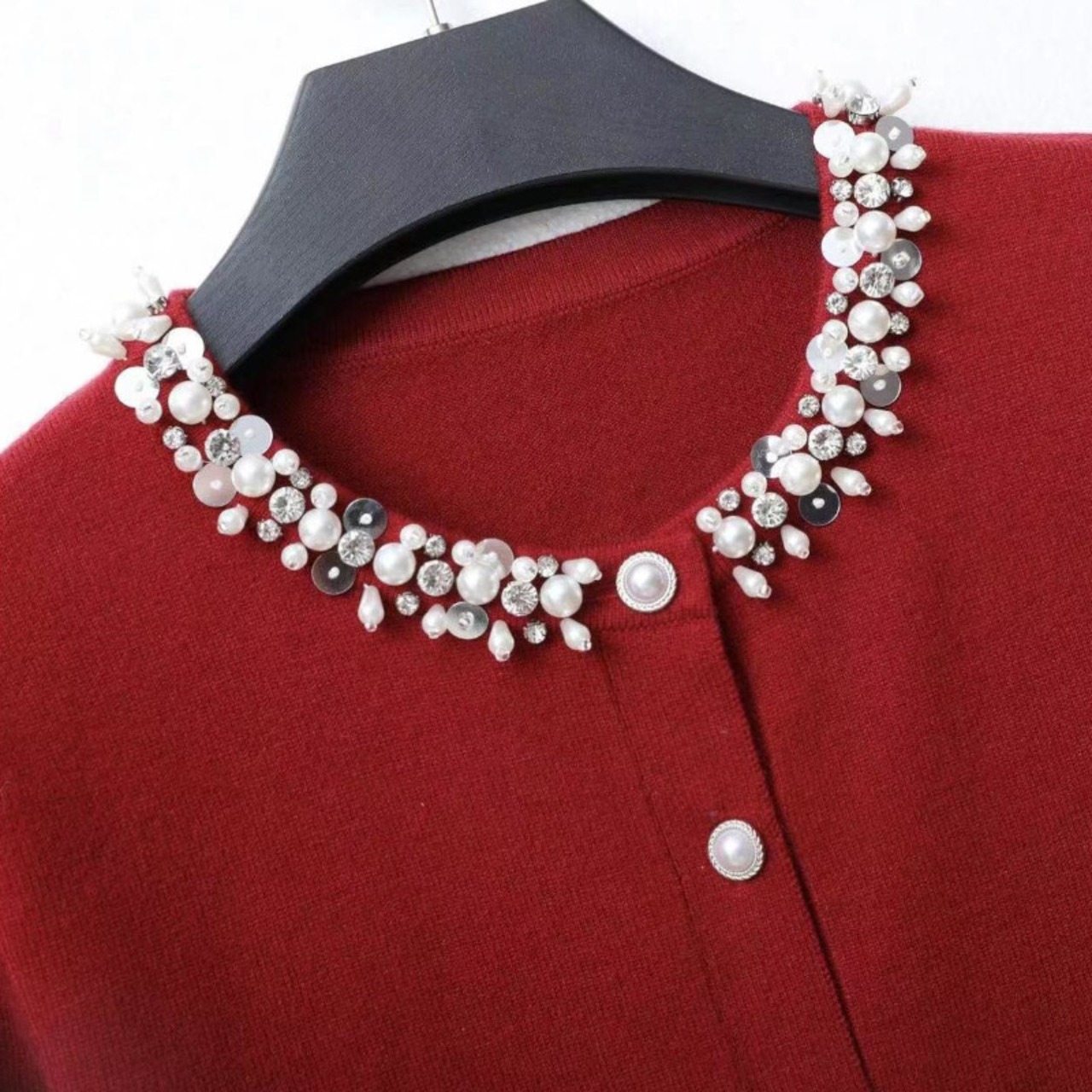 ビジューネックショートニットカーディガン 2type W00659