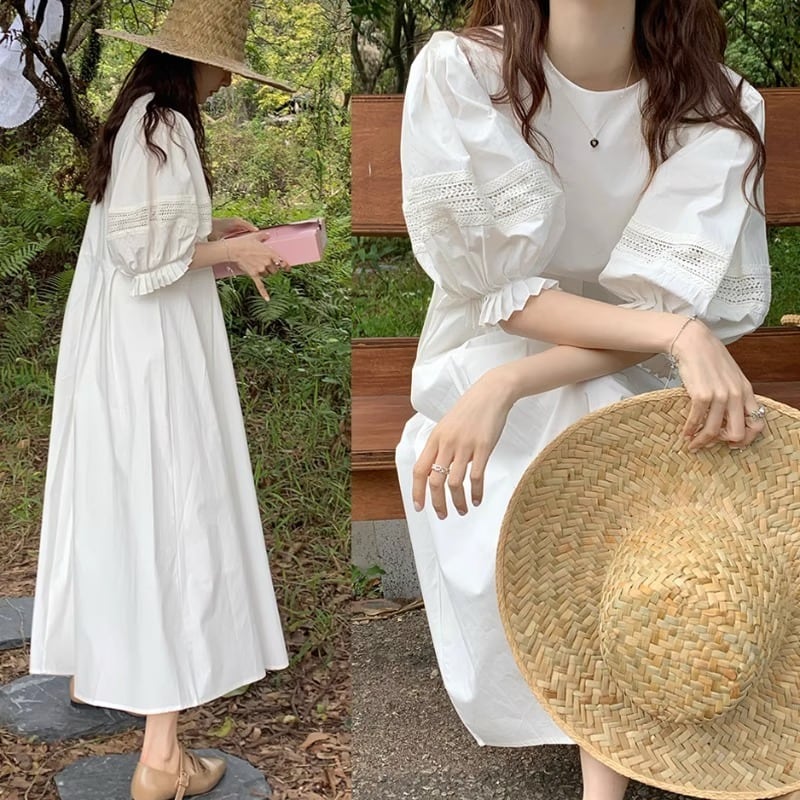 【着用レビュー】ワンピース レディース ロングワンピース 半袖 5分袖 パフスリーブ ぽわん袖 レース フリル かわいい 大人可愛い きれいめ カジュアル 上品 エレガント 清楚 フェミニン おしゃれ お洒落 綺麗 お嬢様 おとな ナチュラル こなれ感 ラブリー キュート ガーリー レトロ ロマンチック 抜け感 華やか 主役級 存在感 無地 学生 通学 デート お出かけ 女子会 リゾート 旅行 フリーサイズ ホワイト 白 春 夏 10代 20代 30代 韓国 韓国系 着回し 普段使い 体型カバー 送料無料