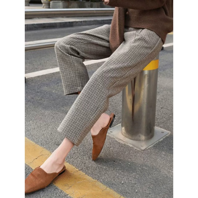 【チェック柄ハイウエストテーパードパンツ】P00684