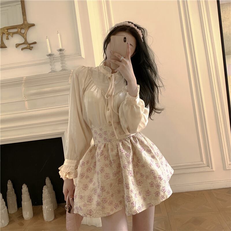 シャツスタンダードリボンルーズサマートップス ロング レトロ 夏物 ブラックストロベリース44283141889