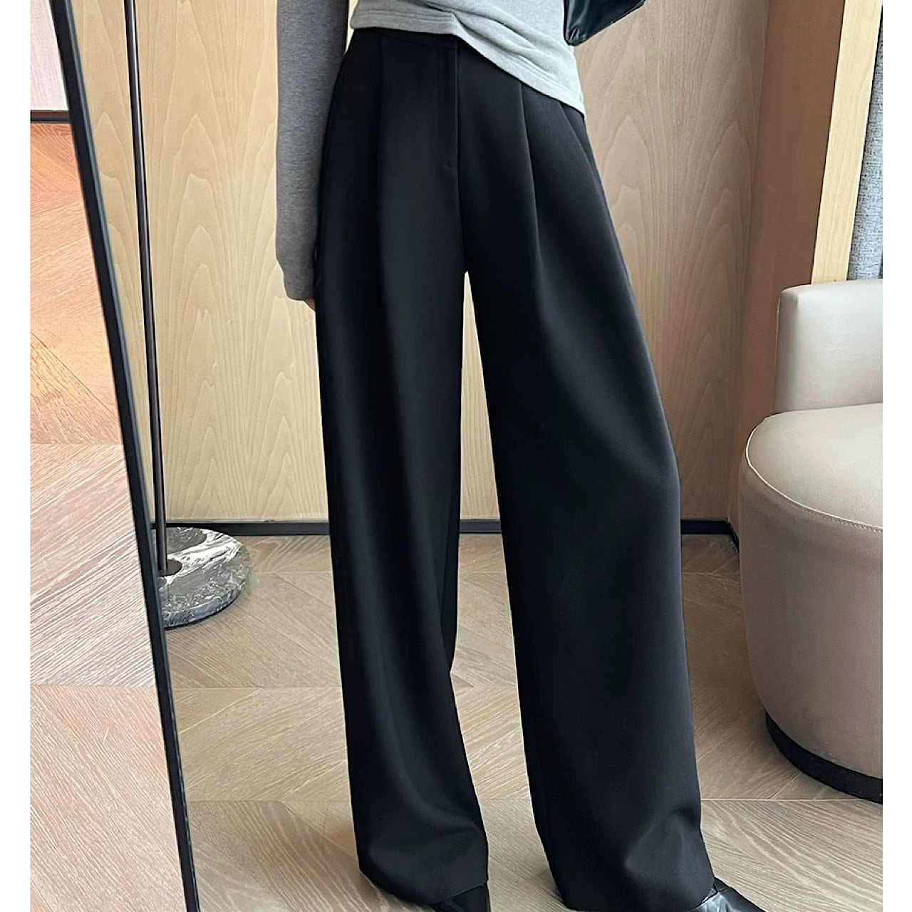 黒色ワイドパンツ 2025春新作 ハイウエスト ストレート YH8798