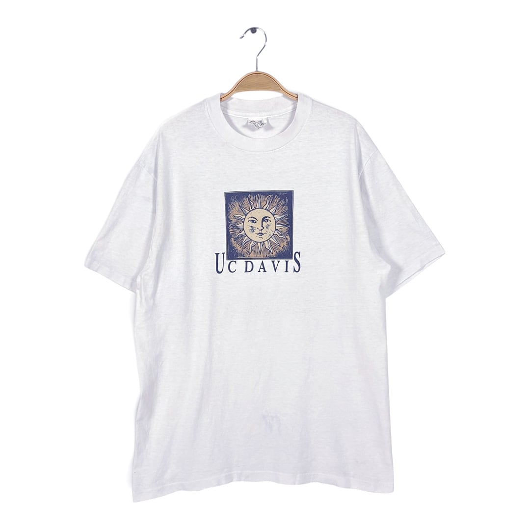 90s UCデービス 太陽 グラフィック USA製 ヴィンテージ Tシャツ ボックスシルエット ホワイト UC DAVIS カレッジ シングルステッチ サイズL 古着 BZ0564