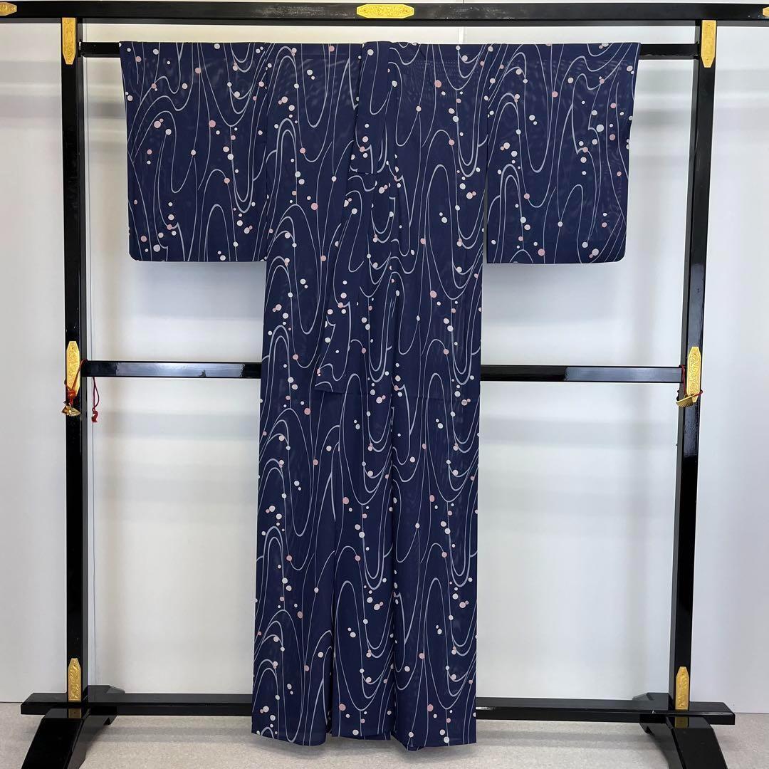 夏着物 絽 小紋 流水に水玉模様 濃藍色 K-3715 | リユース着物 夏着物 絽 小紋 流水に水玉模様 濃藍色 K-3715 | リユース着物