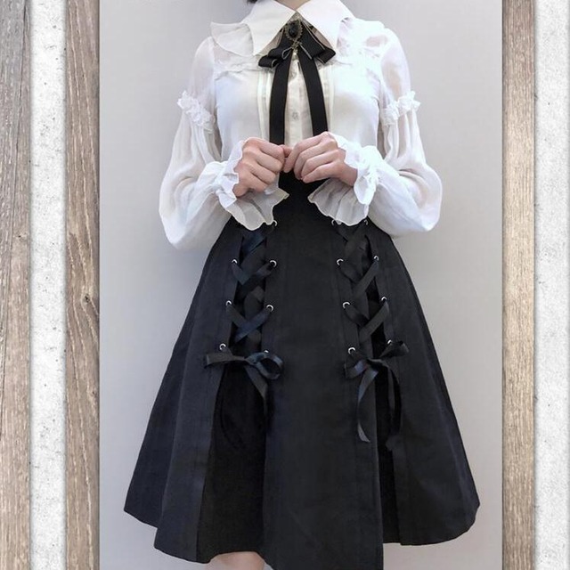 ゴスロリ通販 With U ゴスロリ  DollyDelly スカート 病み可愛い 編み上げ ショート丈 JKファッション 控えめ 原宿ファッション