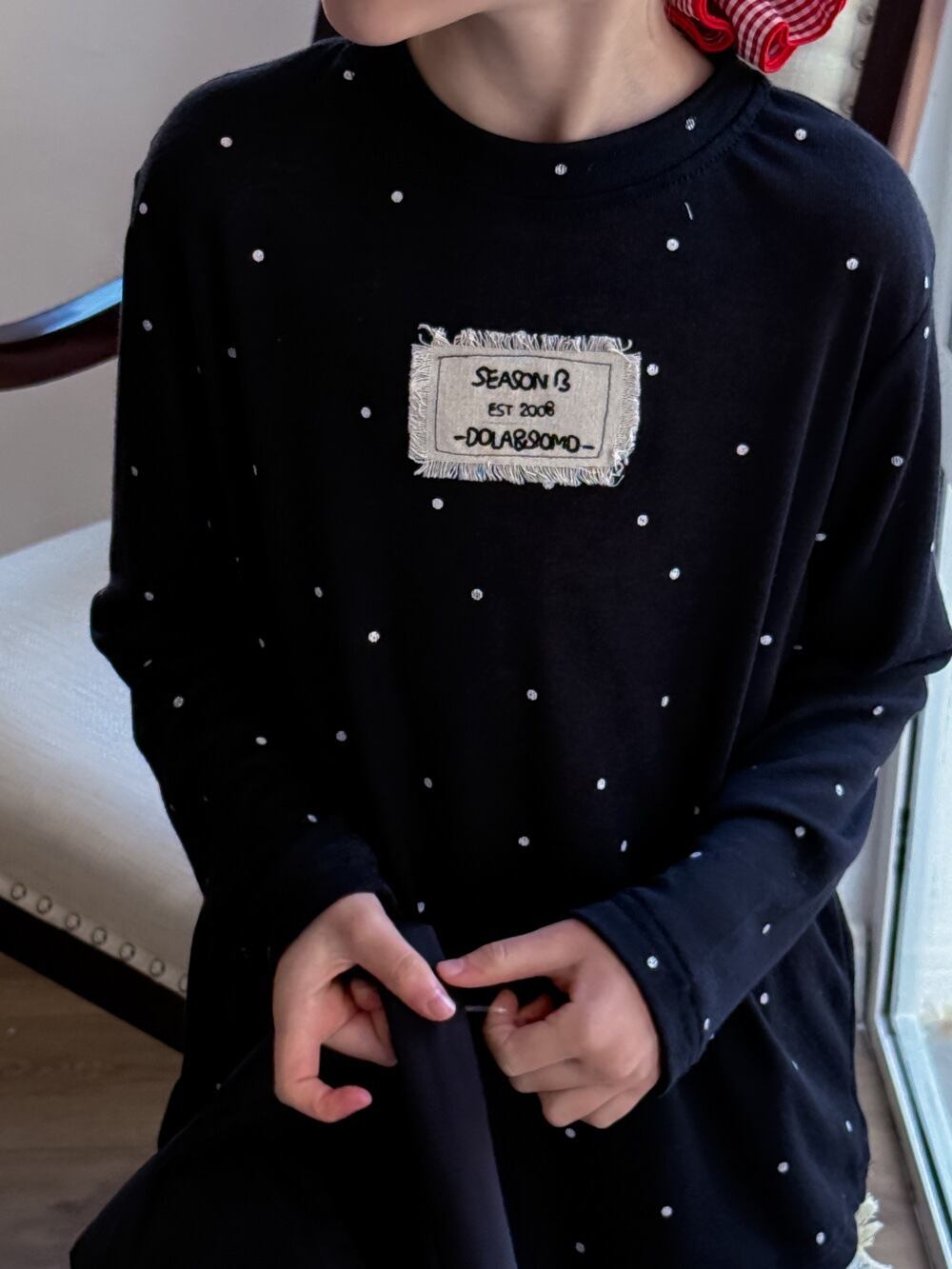 2colorフリンジタグドット薄手トップス