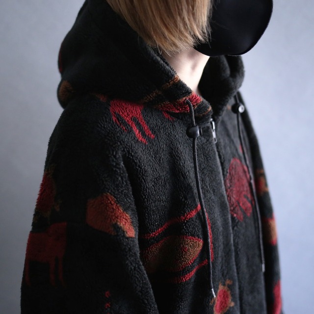 pictograms full pattern loose silhouette fleece hoodie blouson