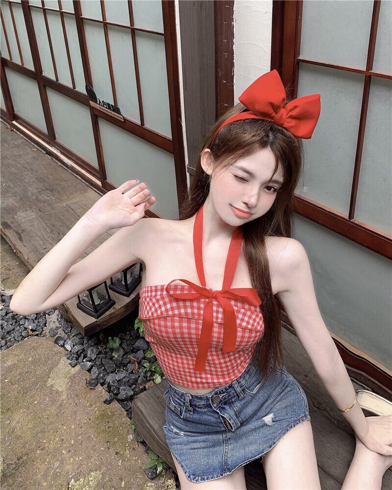 格子柄サマーリボンレッドホルタートップス 夏物 ピュア ブラックストロベリース56497545409