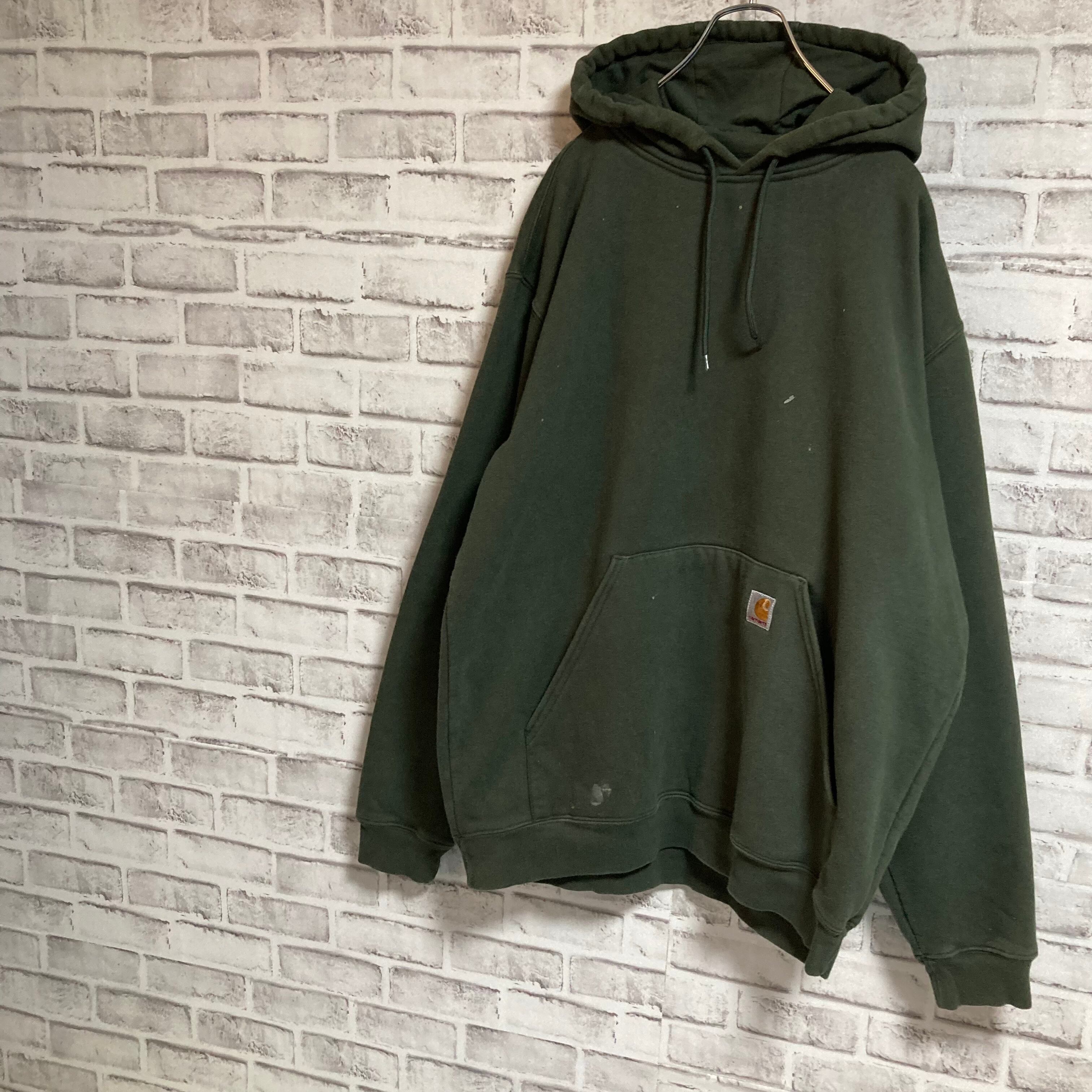 【Carhartt】Pullover Hoodie XL カーハート プルオーバーパーカー フーディ モスグリーン カーキ 刺繍ロゴ ワンポイントロゴ  ビッグシルエット アメリカ USA 古着